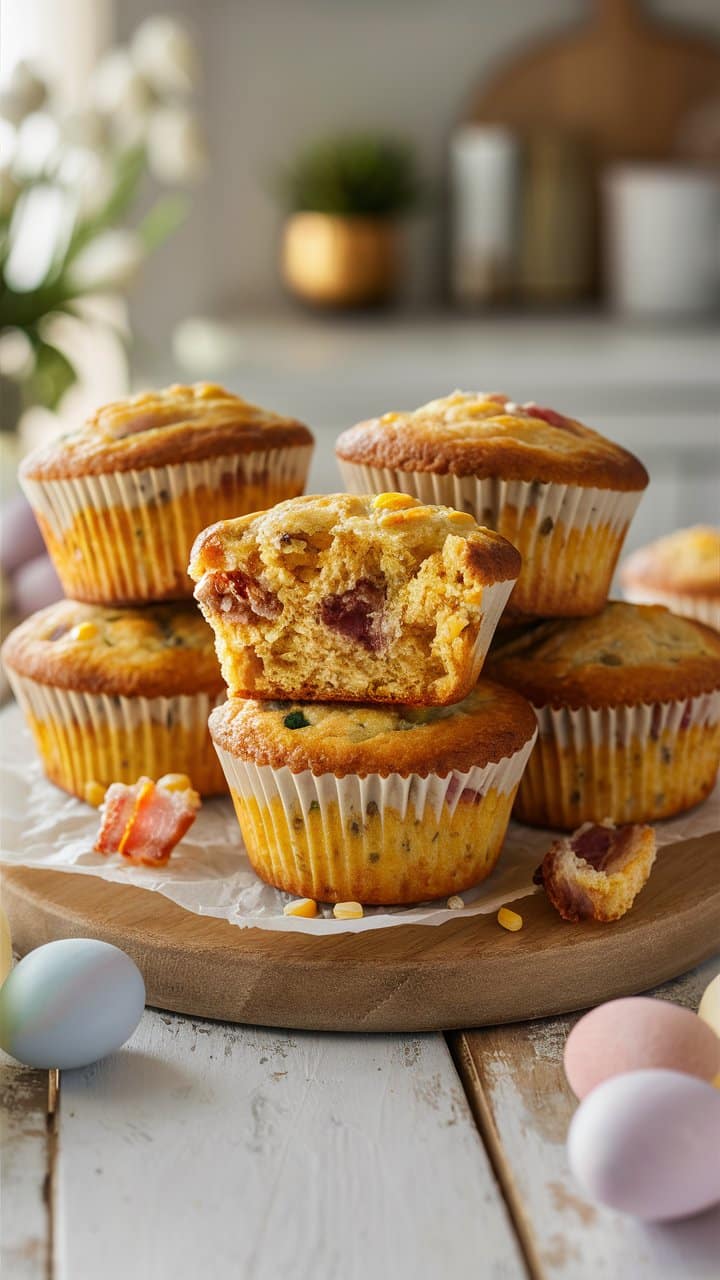 Muffins salés sur une planche en bois.