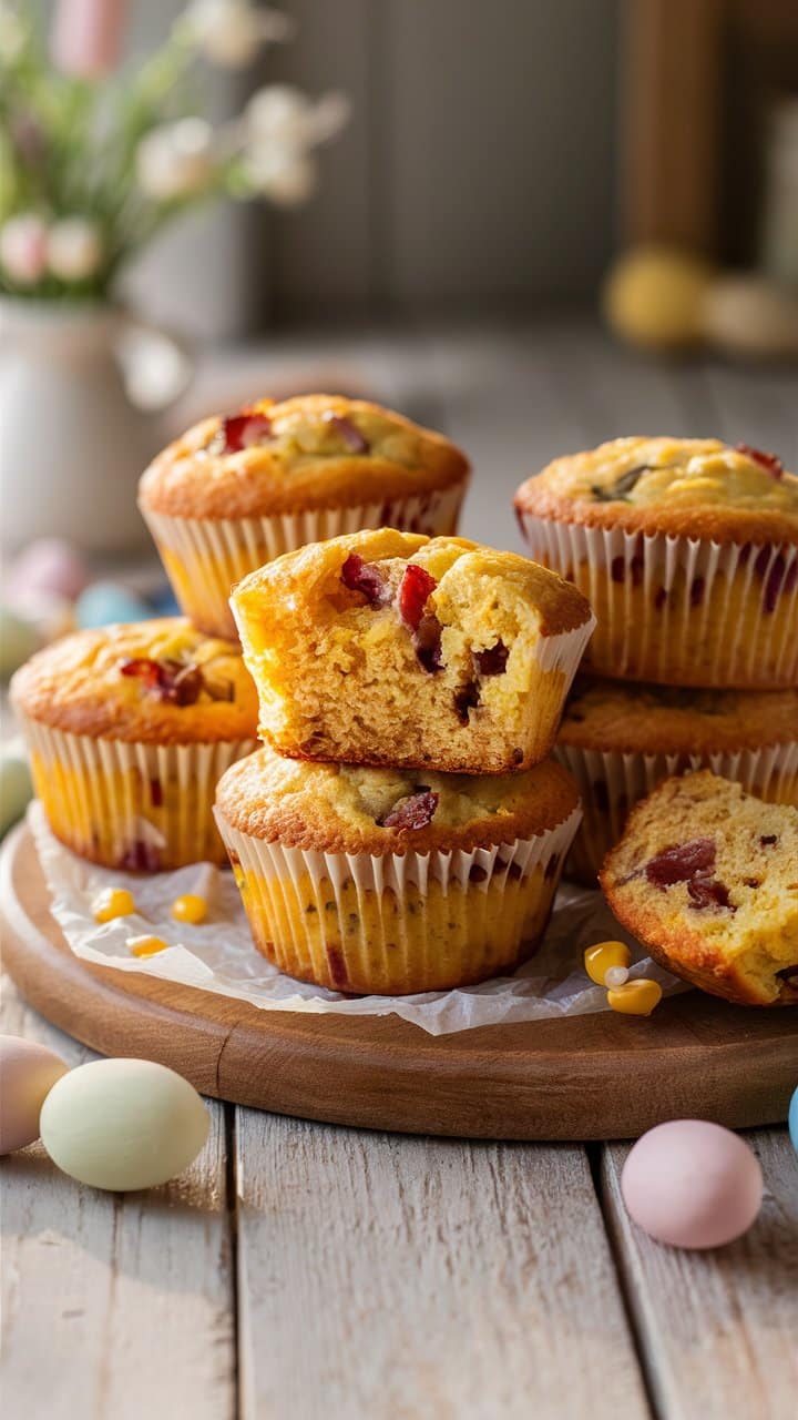 Muffins aux fruits sur une table en bois.