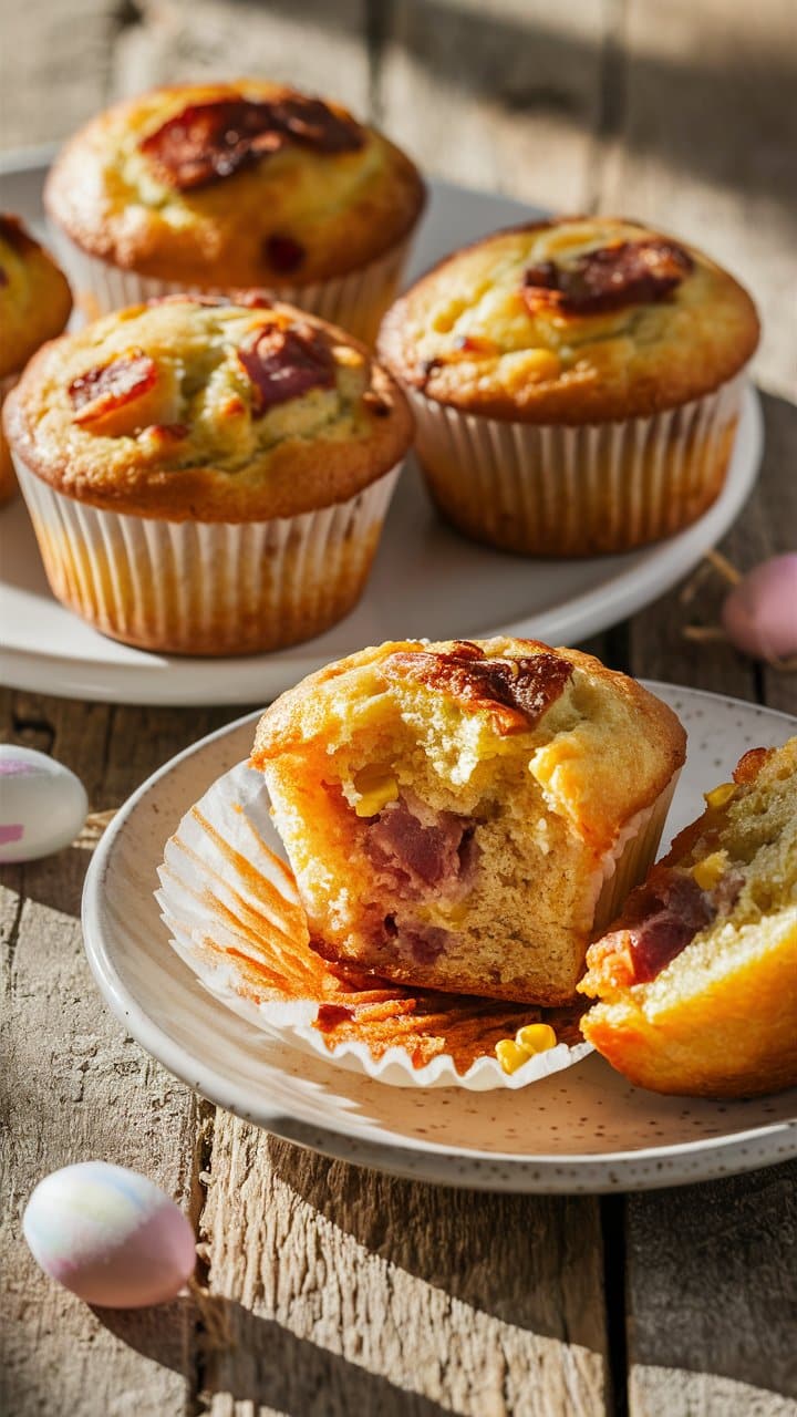 Muffins au maïs et bacon sur une table en bois.