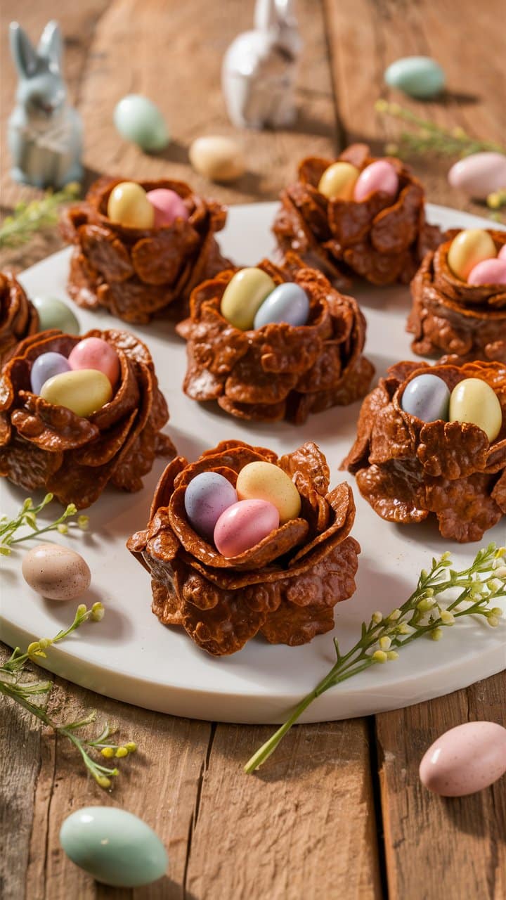 Nids en chocolat avec œufs colorés sur plateau.
