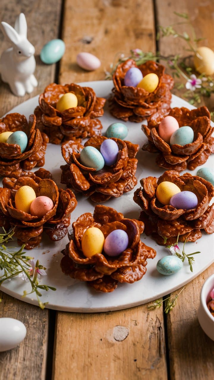 Nids chocolatés avec œufs colorés de Pâques.