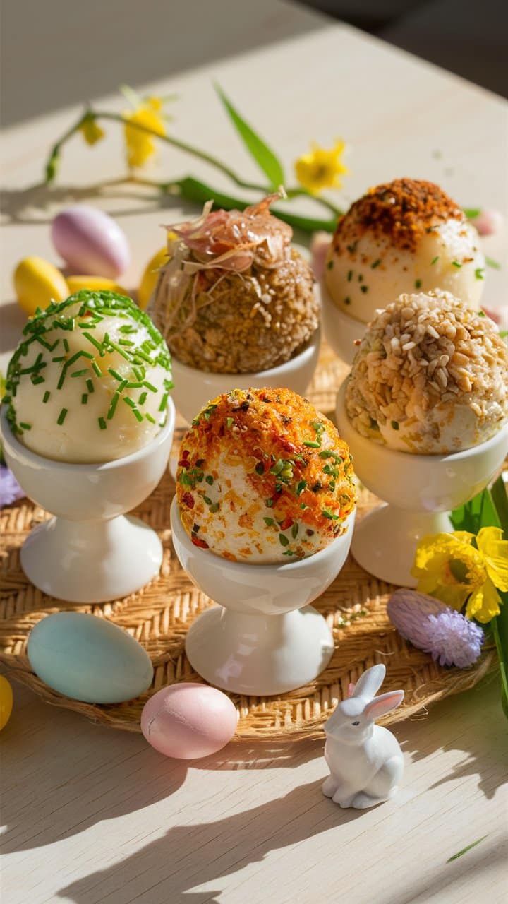 Oeufs décorés dans des coquetiers avec fleurs printanières.