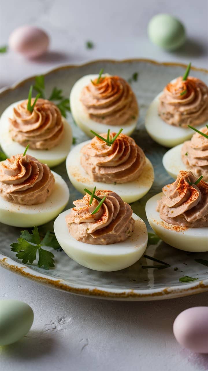 Œufs farcis crémeux sur assiette décorative.