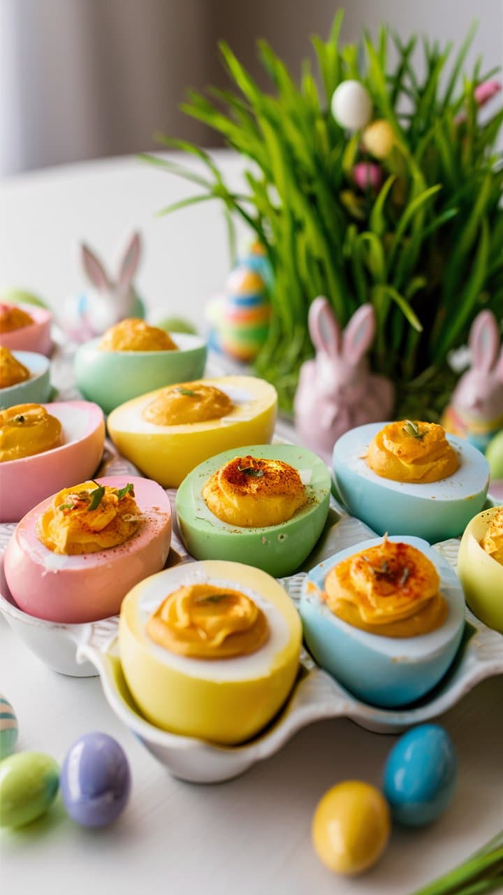 Œufs colorés farcis sur table décorée pour Pâques.