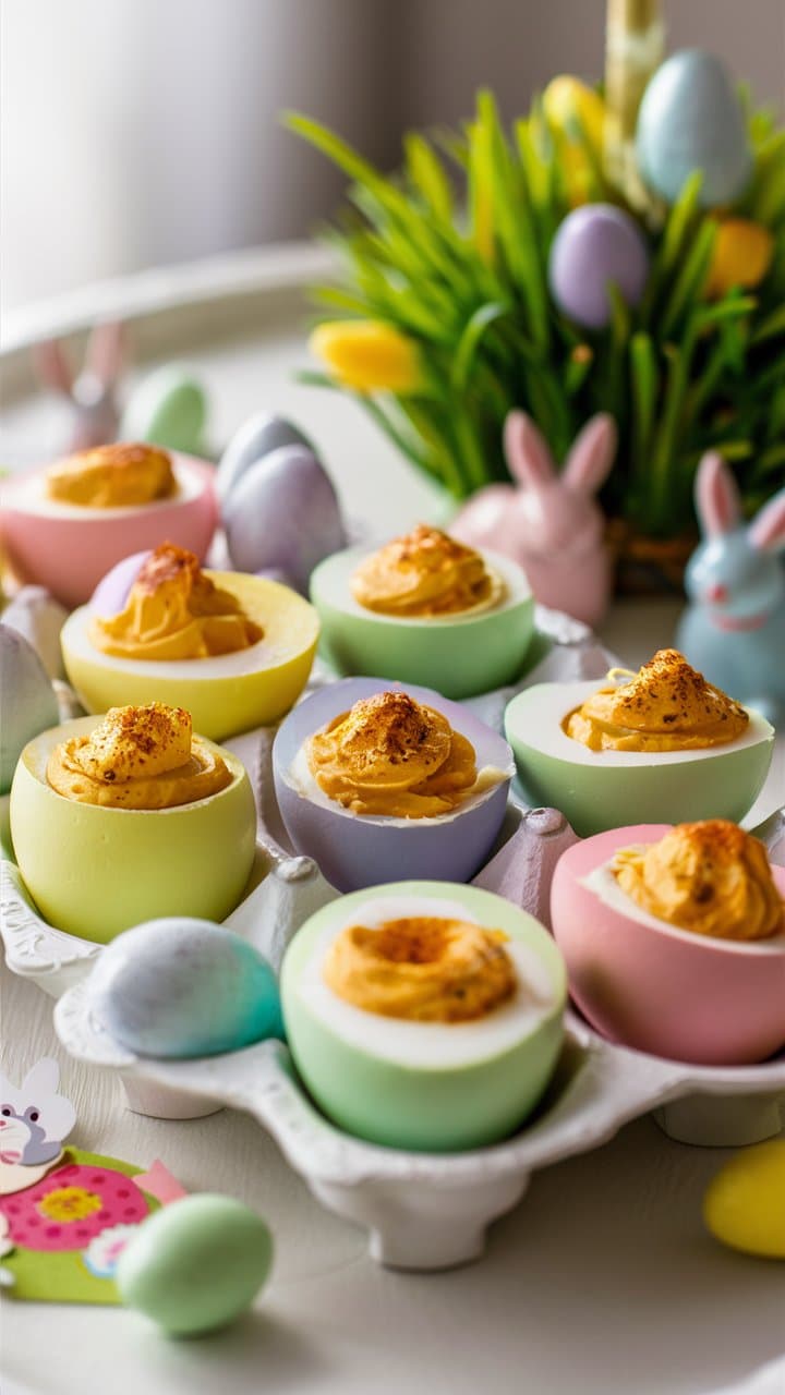 Oeufs farcis colorés sur plateau de Pâques.