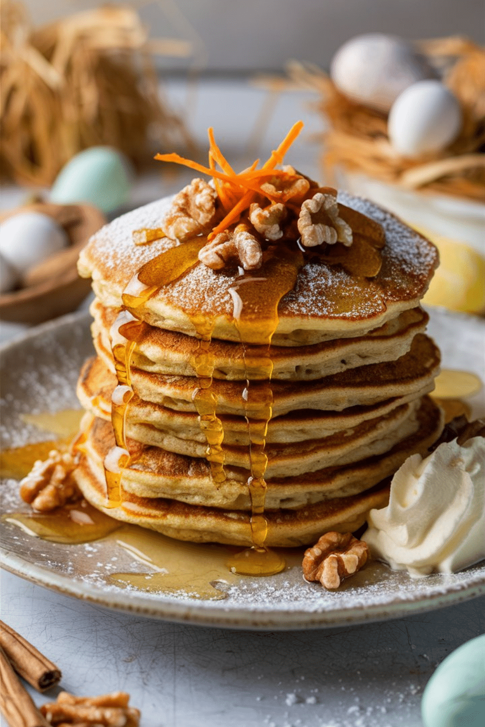 Pancakes avec sirop, noix et chantilly.
