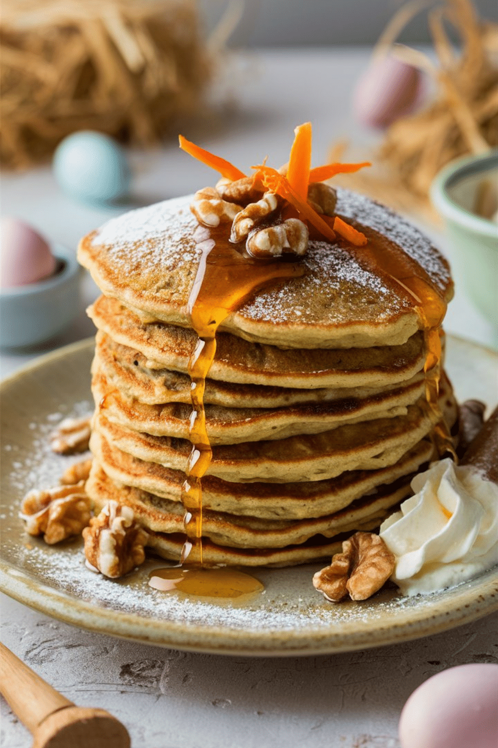 Pancakes aux noix et sirop sur assiette.