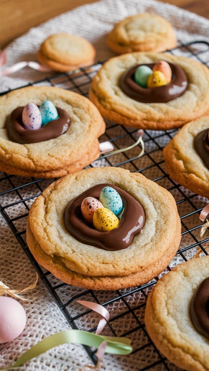 Cookies au chocolat et œufs de Pâques colorés.