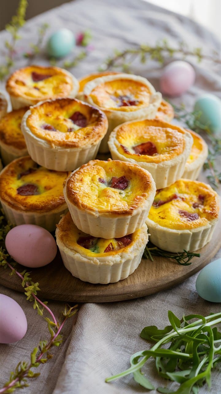 Mini quiches sur planche en bois, décorées d'œufs.