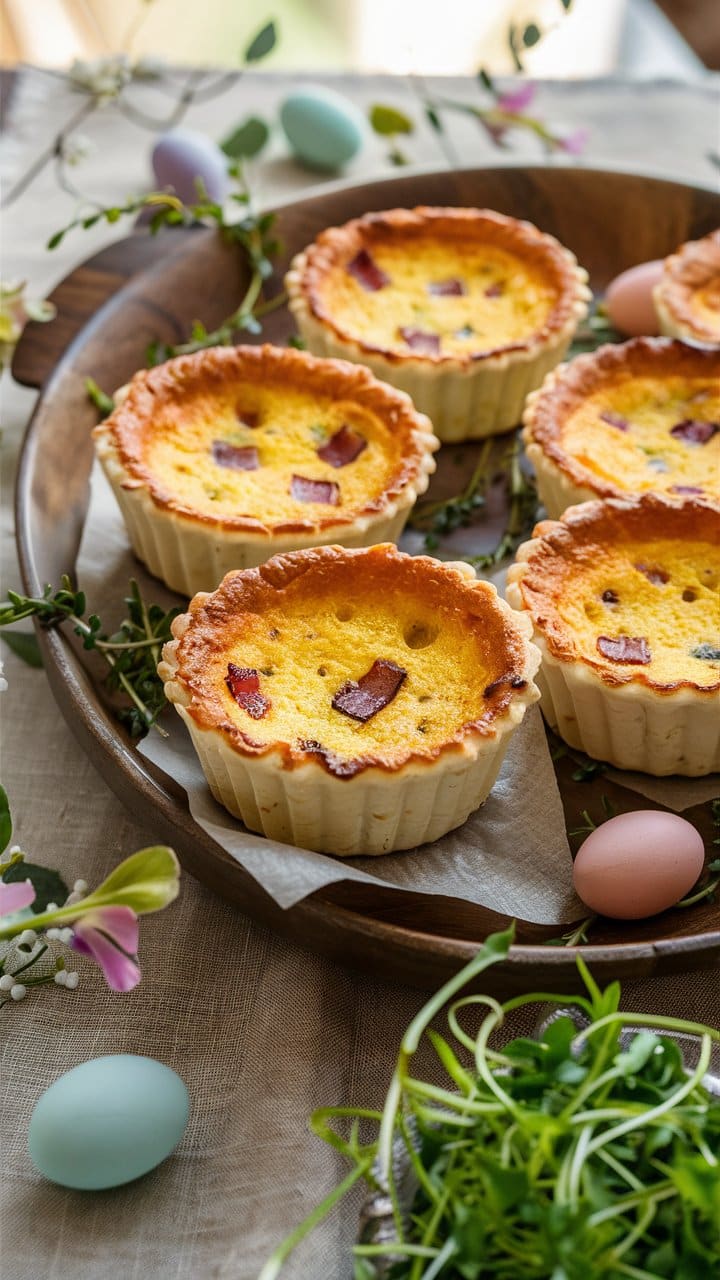Mini quiches aux lardons sur plateau en bois