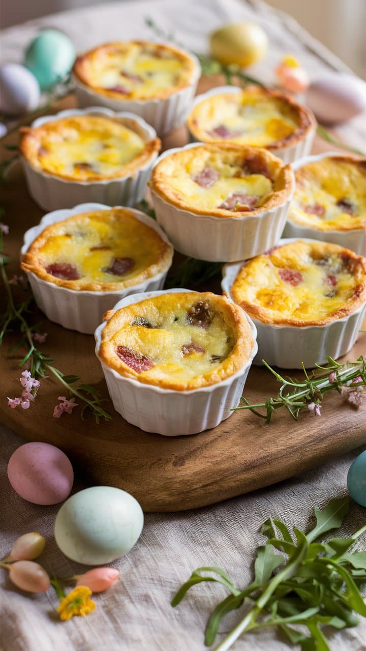 Mini quiches dans des ramequins, décor de printemps.