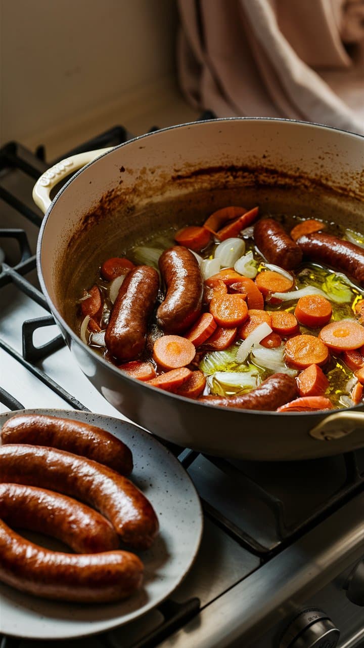 Saucisses et légumes cuits à la poêle.