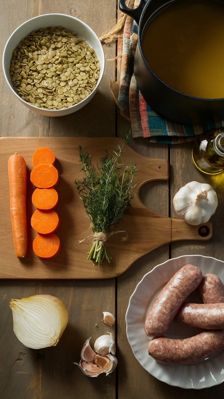 Ingrédients pour soupe: carotte, ail, saucisses, bouillon.