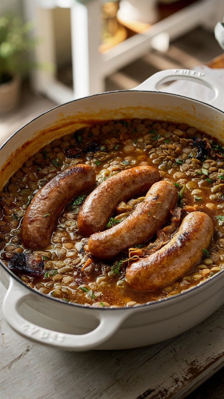 Saucisses aux lentilles mijotées dans un plat.