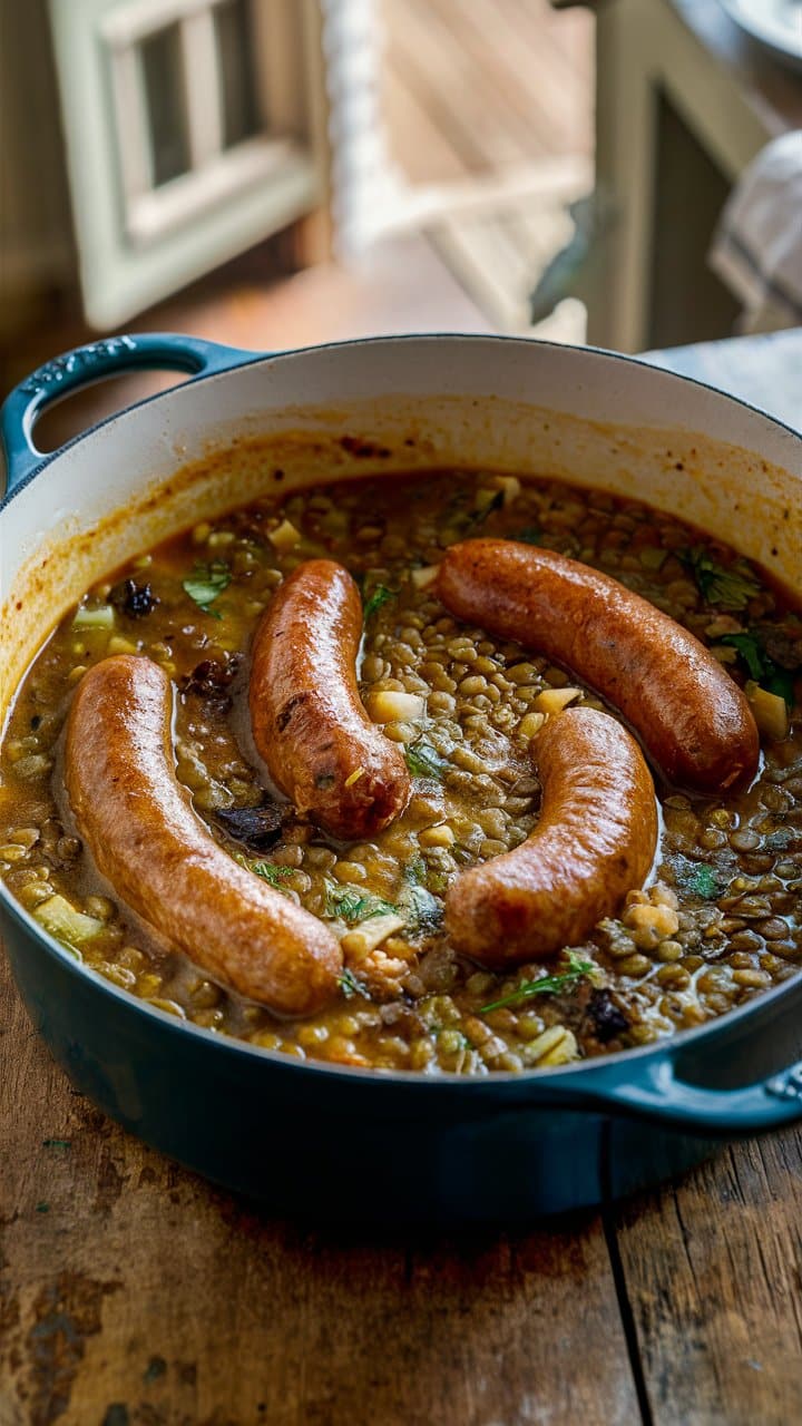 Cocotte de lentilles et saucisses sur table en bois.