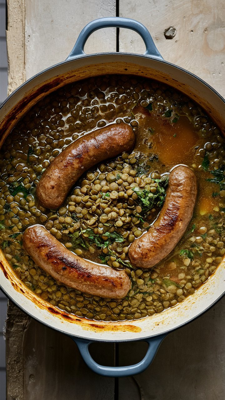 Saucisses aux lentilles dans une cocotte en fonte.