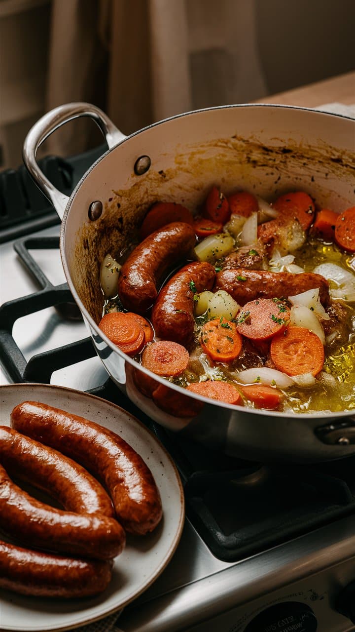 Plat mijoté aux saucisses et légumes en cuisson.