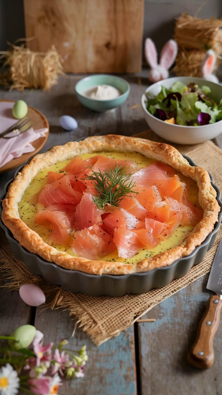 Tarte au saumon avec salade, décoration printanière.
