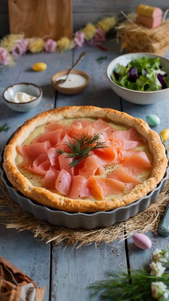 Tarte au saumon avec salade et sauces.