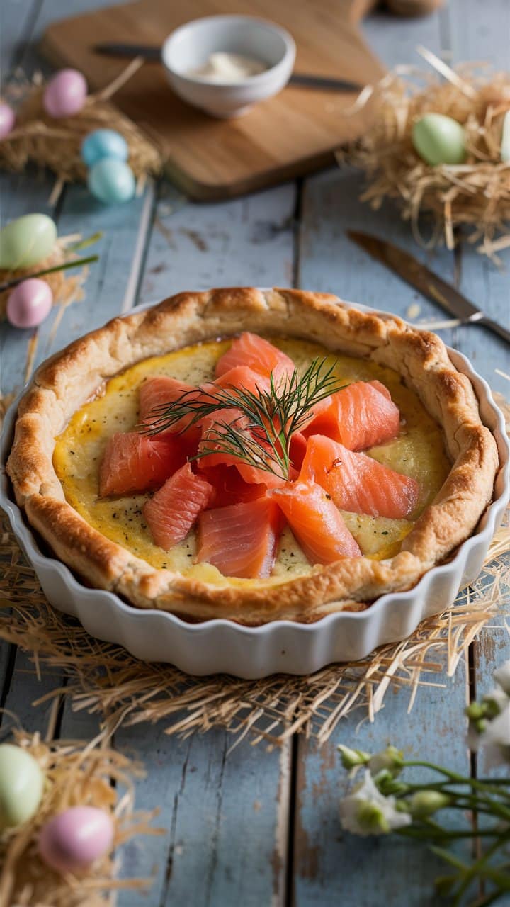 Quiche garnie de saumon et aneth.