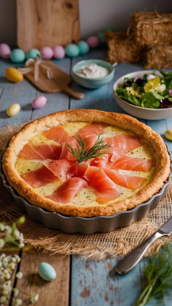 Tarte au saumon sur table décorée pour Pâques.