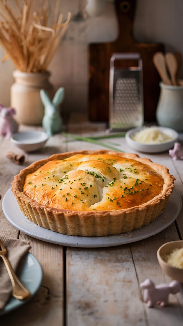 Quiche aux fines herbes sur une table en bois.