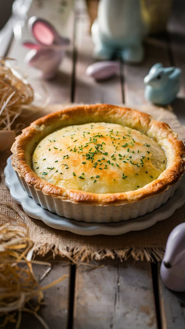 Tarte salée dorée avec ciboulette, ambiance rustique.