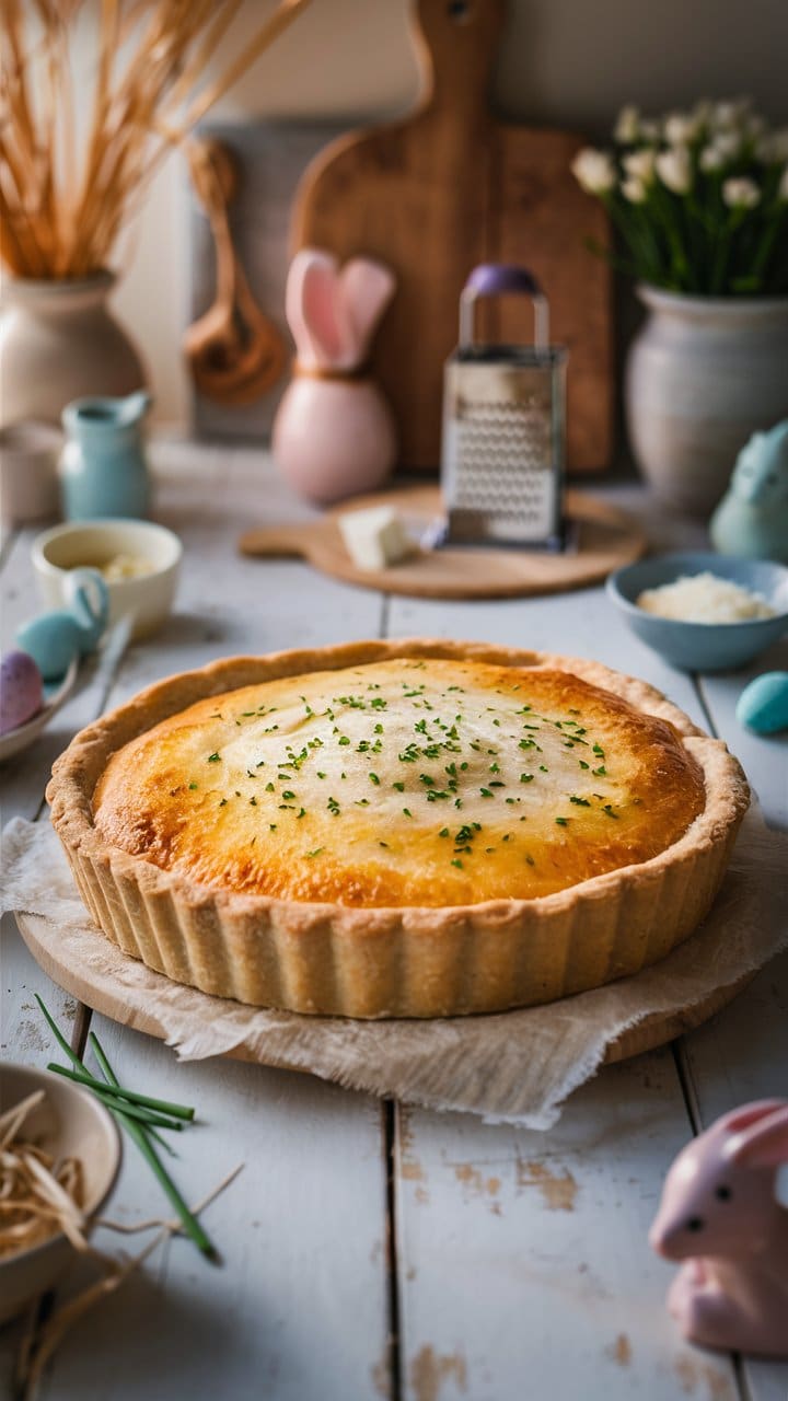 Quiche servie sur une table rustique avec déco.
