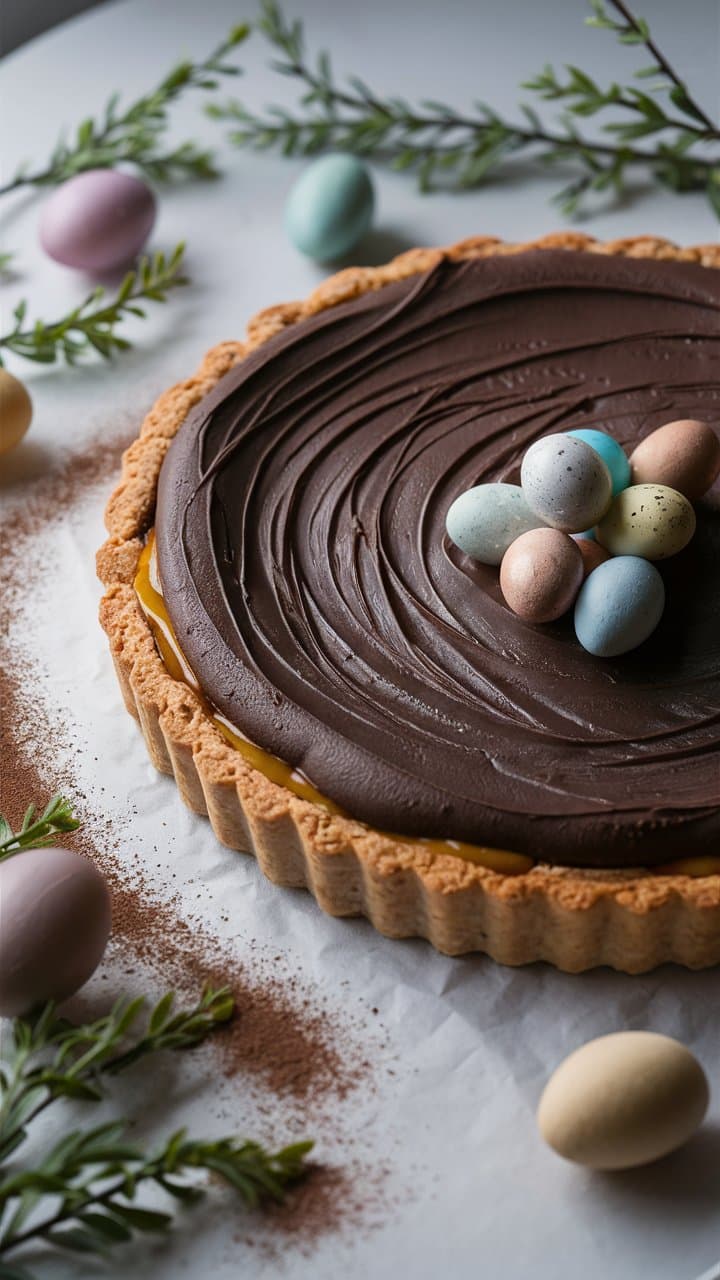 Tarte chocolat avec œufs de Pâques multicolores.
