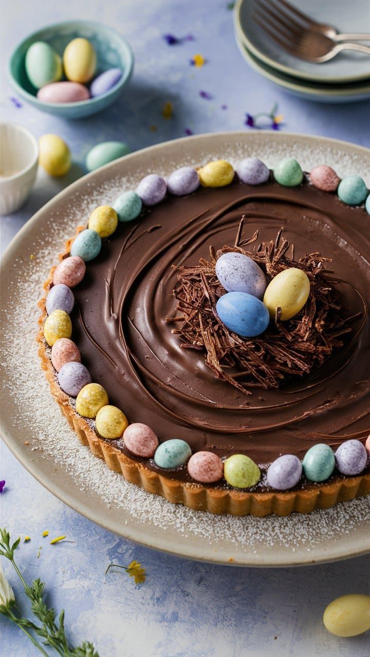 Tarte chocolat garnie d'œufs en sucre colorés.
