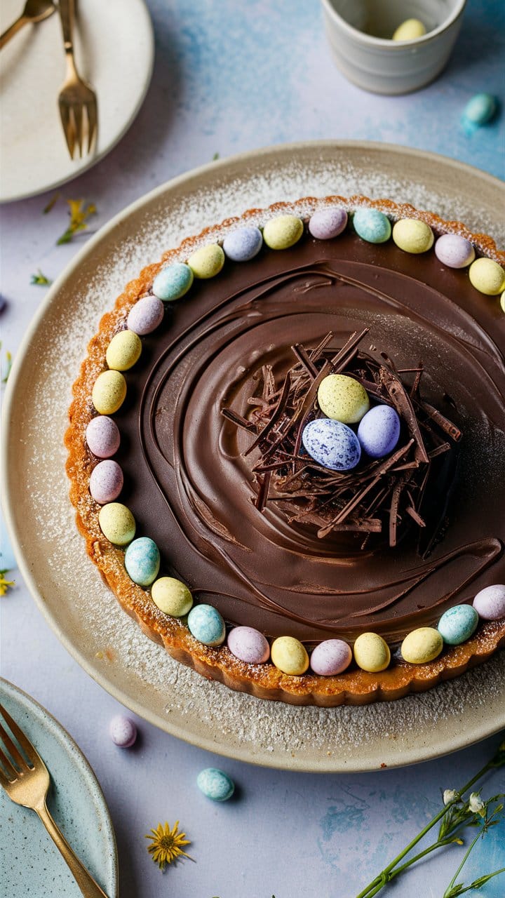 Tarte au chocolat décorée d'œufs colorés.
