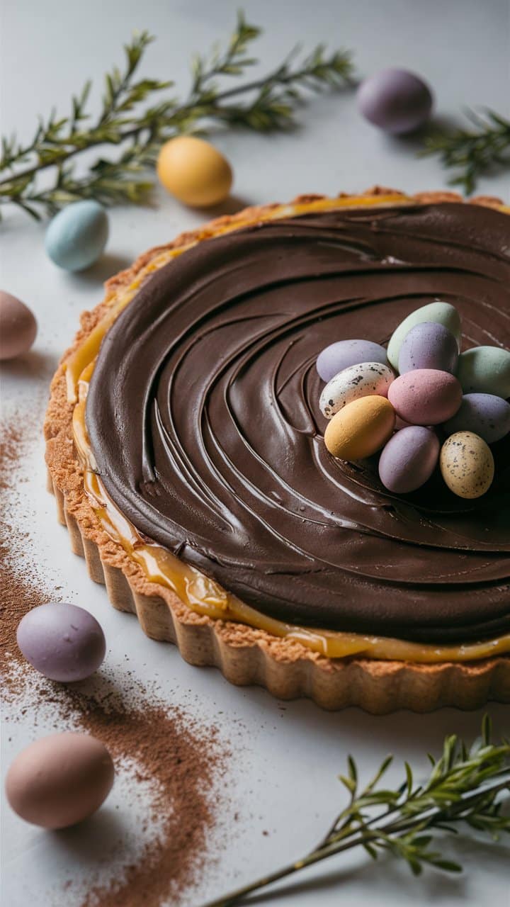 Tarte au chocolat décorée d'œufs colorés.