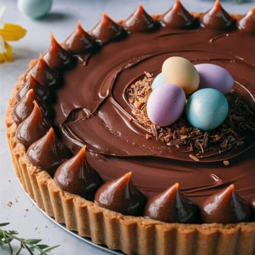 Tarte au chocolat avec œufs colorés décoratifs.