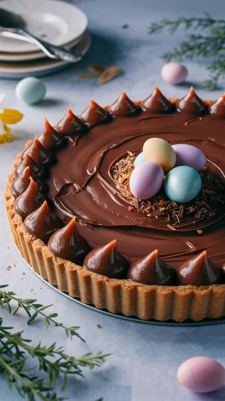 Tarte au chocolat avec œufs colorés décoratifs.