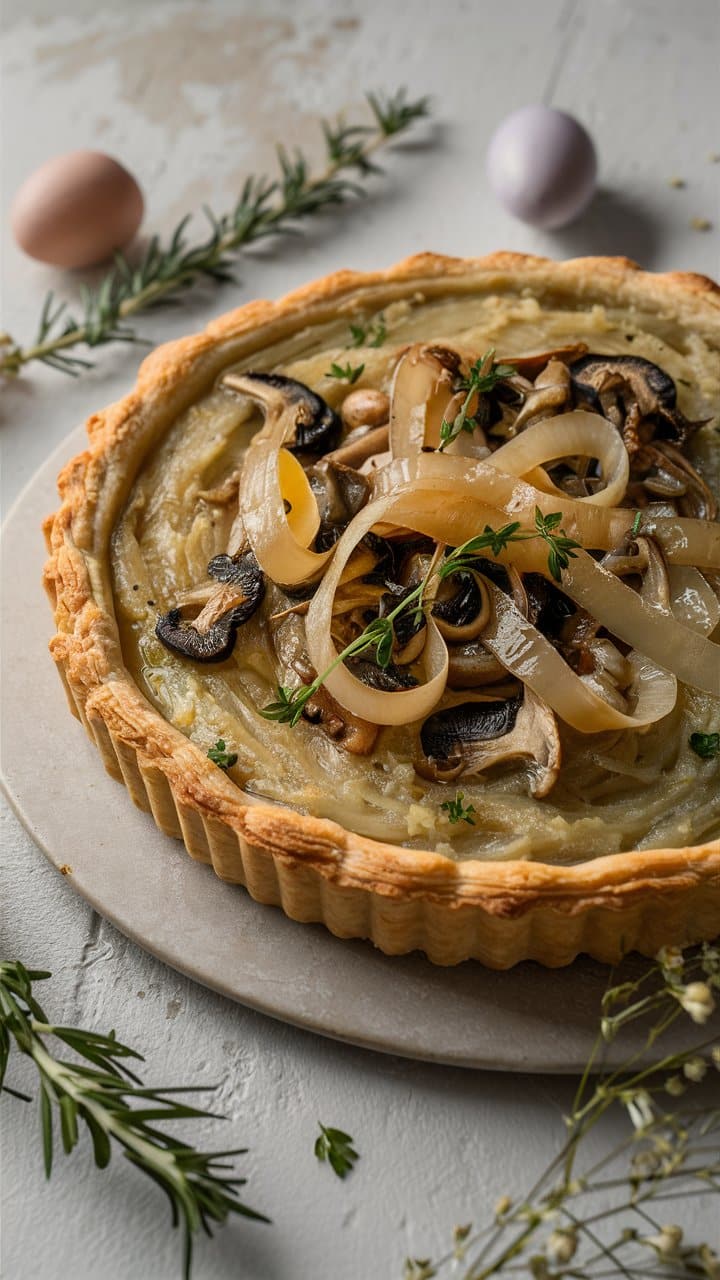 Tarte aux oignons et champignons garnie de thym.