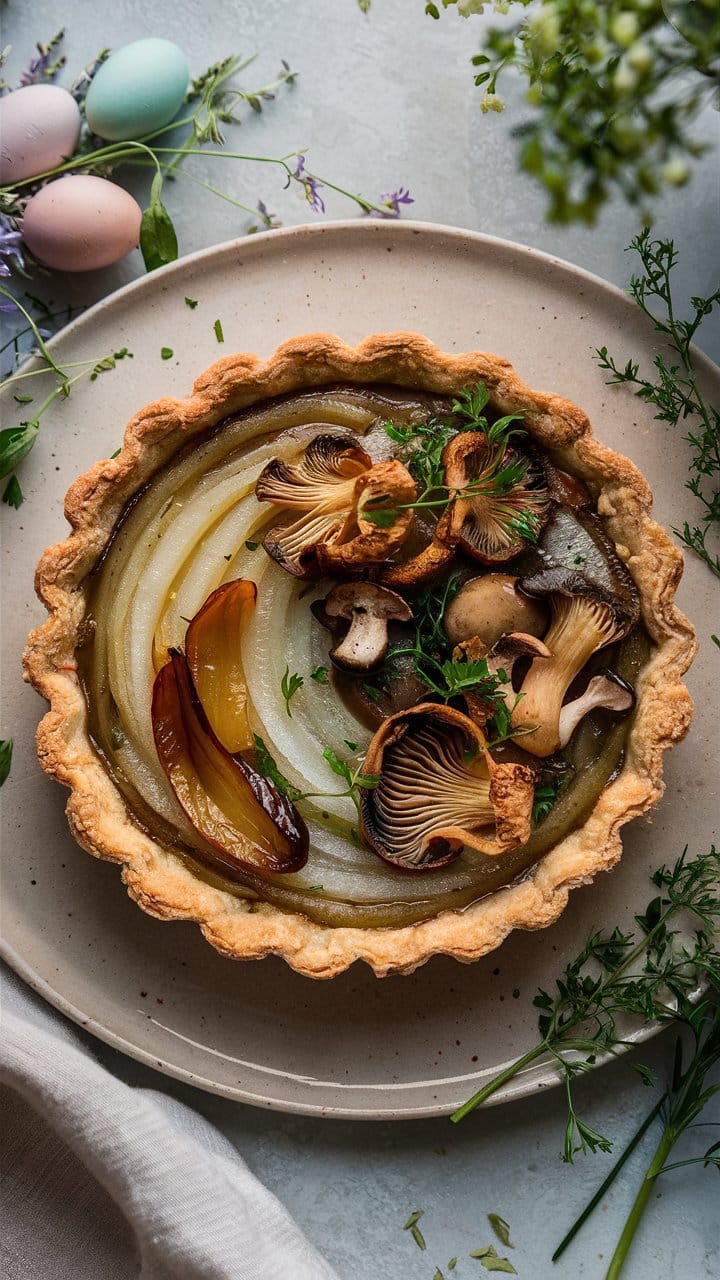 Tarte aux champignons et oignons sur une assiette.