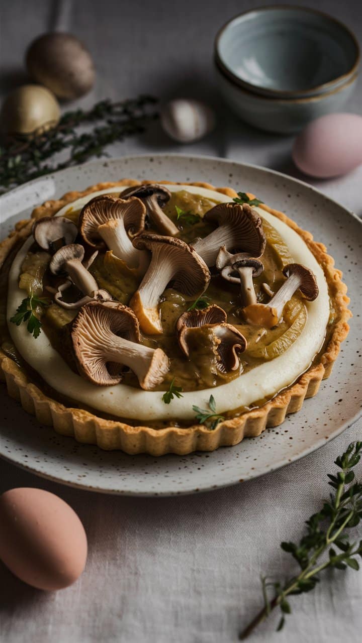 Tarte aux champignons et crème sur assiette