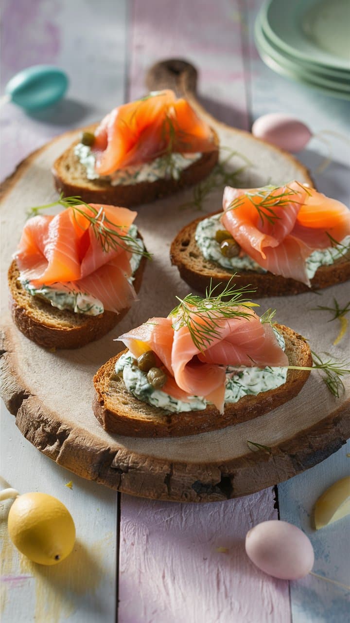 Tartines saumon fumé, fromage frais aux herbes.