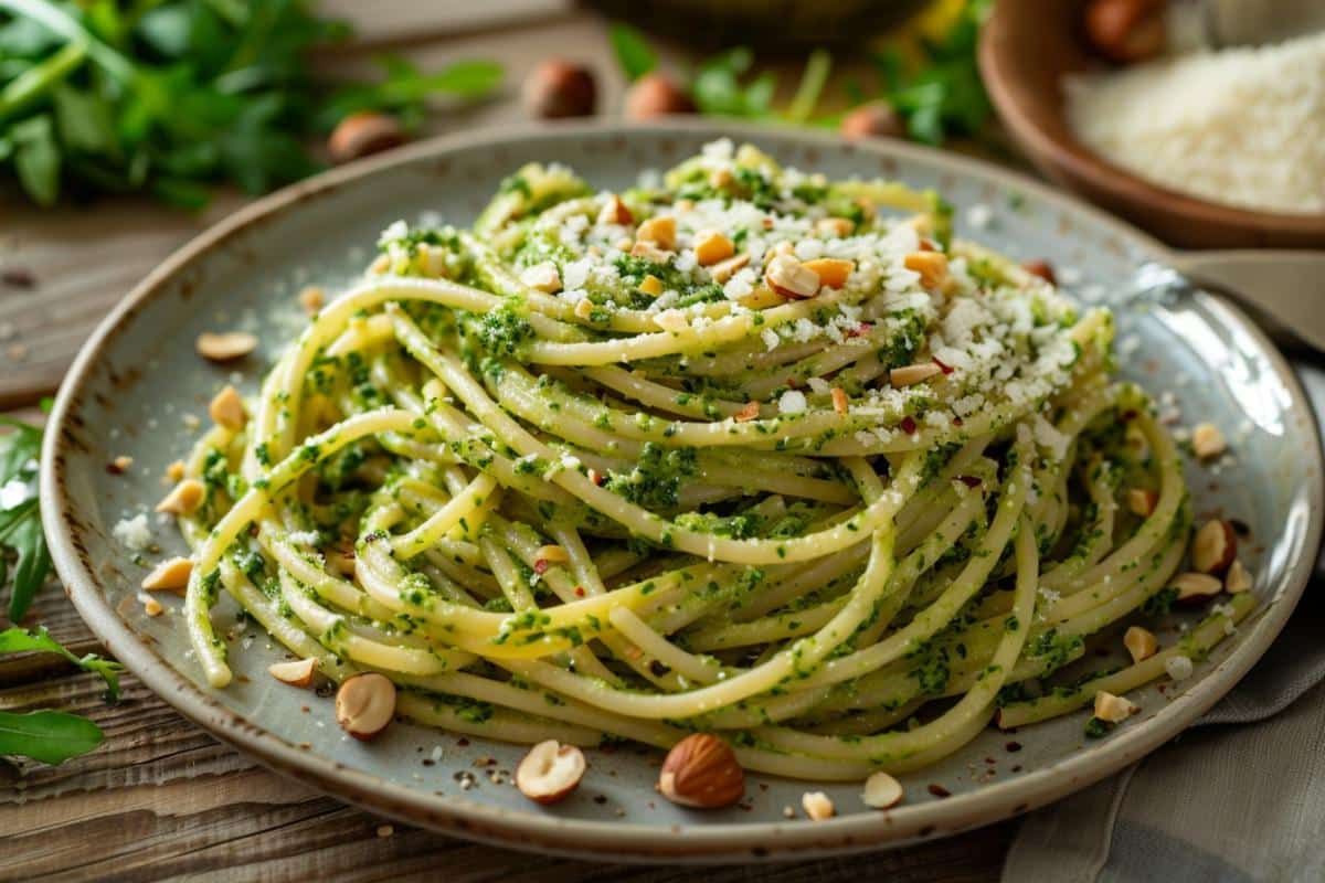 Recette unique : Pâtes au pesto de roquette et noisettes, explosion de saveurs