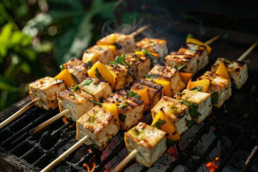 Brochettes tofu et mangue au barbecue : recette végétalienne gourmande