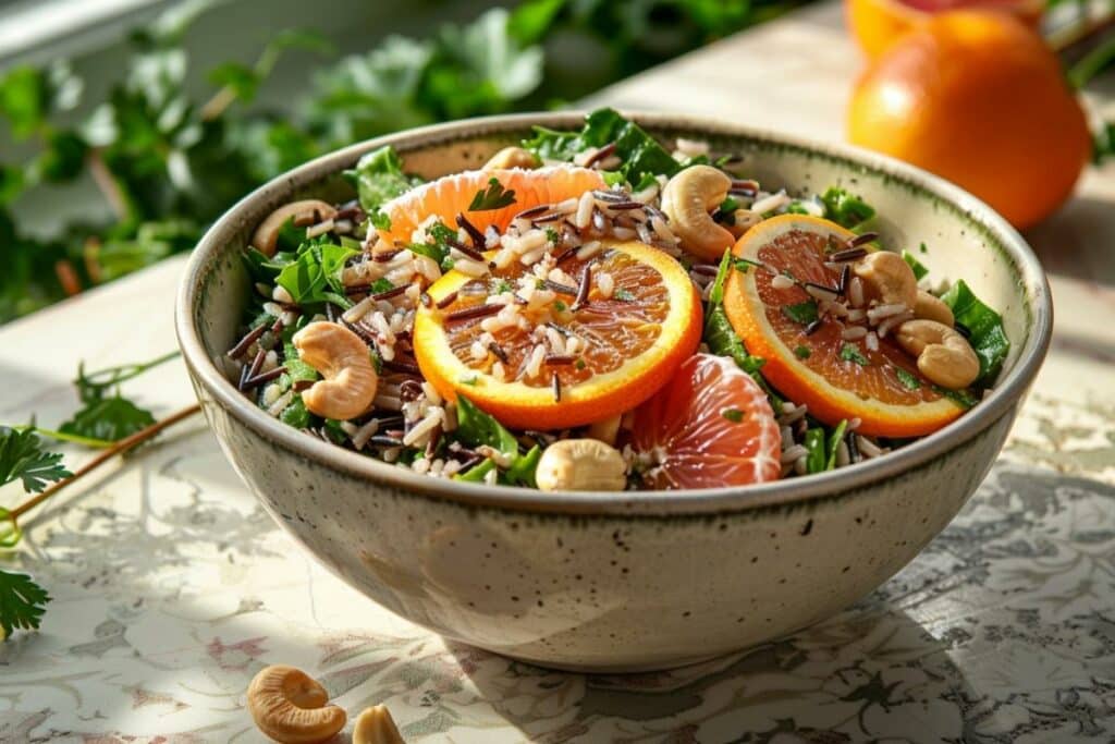 Salade de riz sauvage, agrumes et noix de cajou : énergie et fraîcheur garanties