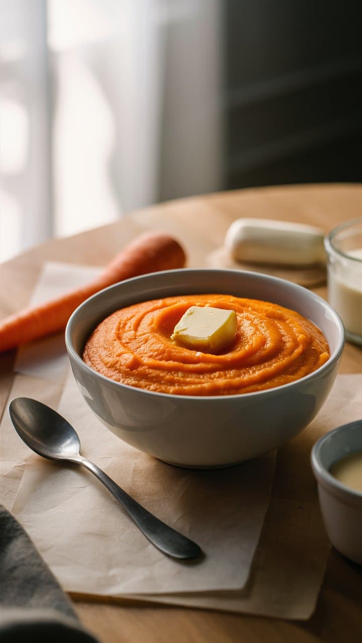 Purée de carottes avec beurre, cuillère à côté.
