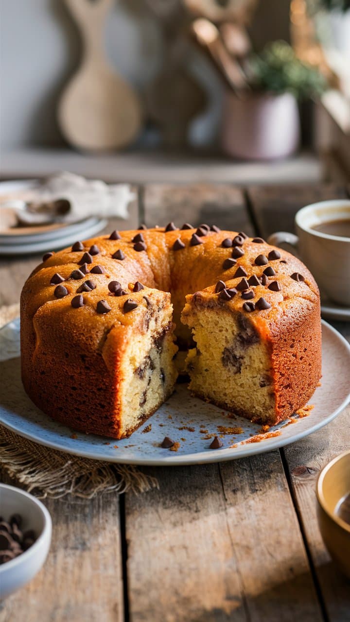 Gâteau aux pépites de chocolat sur table en bois.