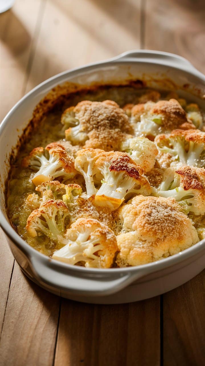 Gratin de chou-fleur doré dans un plat.