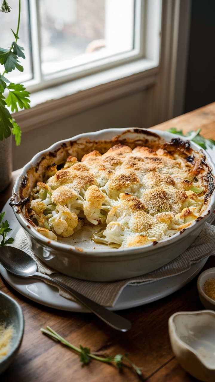 Gratin de chou-fleur près d'une fenêtre.