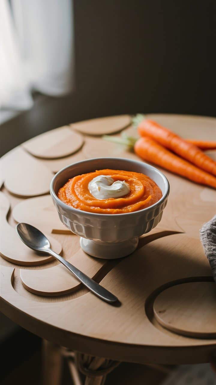 Soupe de carottes dans un bol avec cuillère.