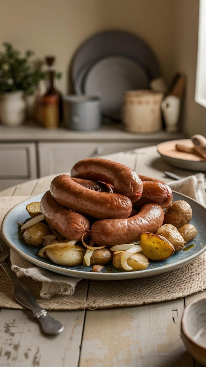 Saucisses et pommes de terre sur assiette rustique