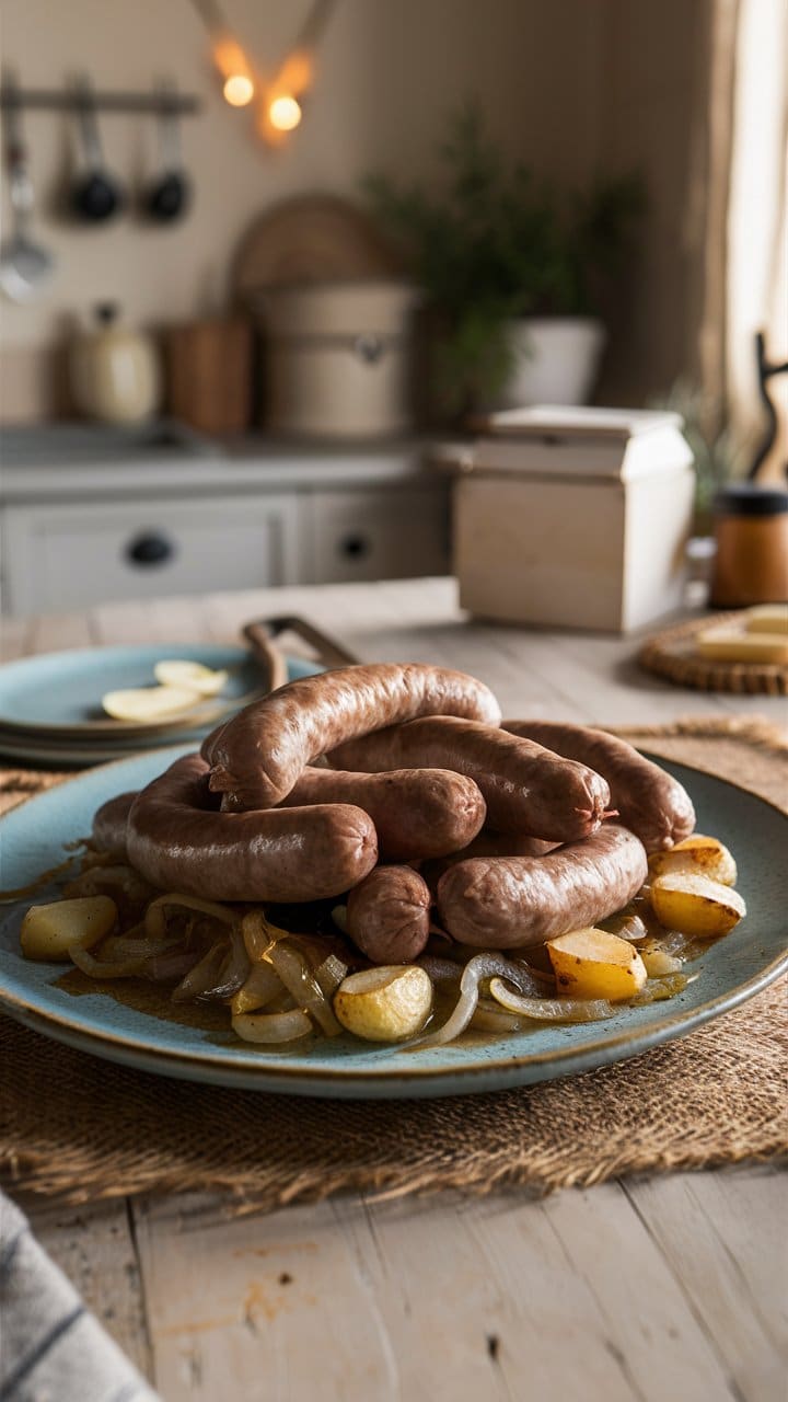 Assiette de saucisses et pommes de terre rôties.
