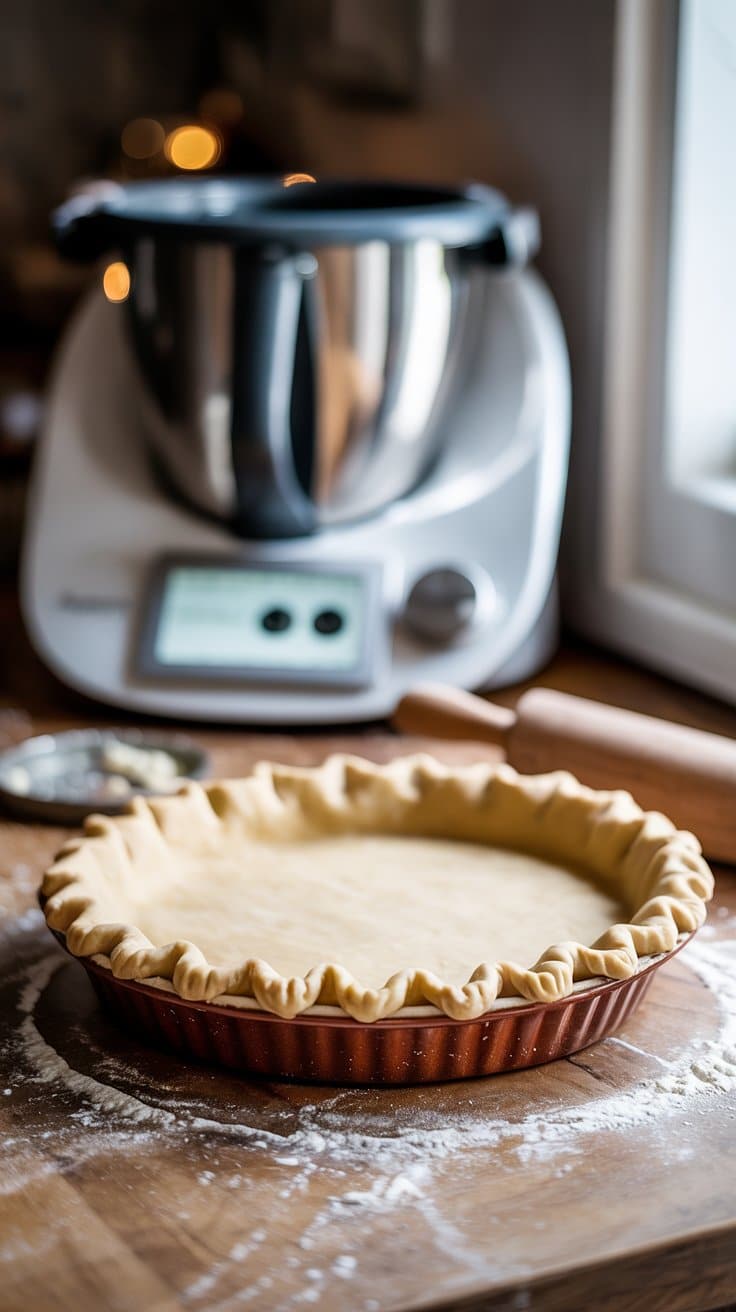 Tarte à préparer près d'un robot culinaire.