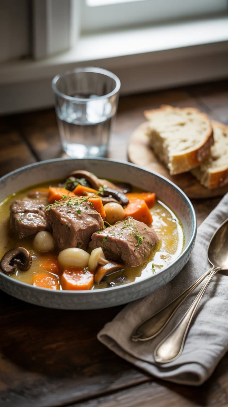 Ragoût de bœuf avec légumes et pain.